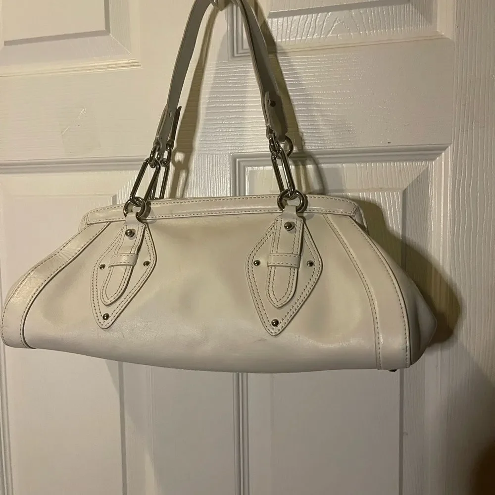 COLE HAAN TRINITY Baguette style Leather White Satchel silver tone hardwares.